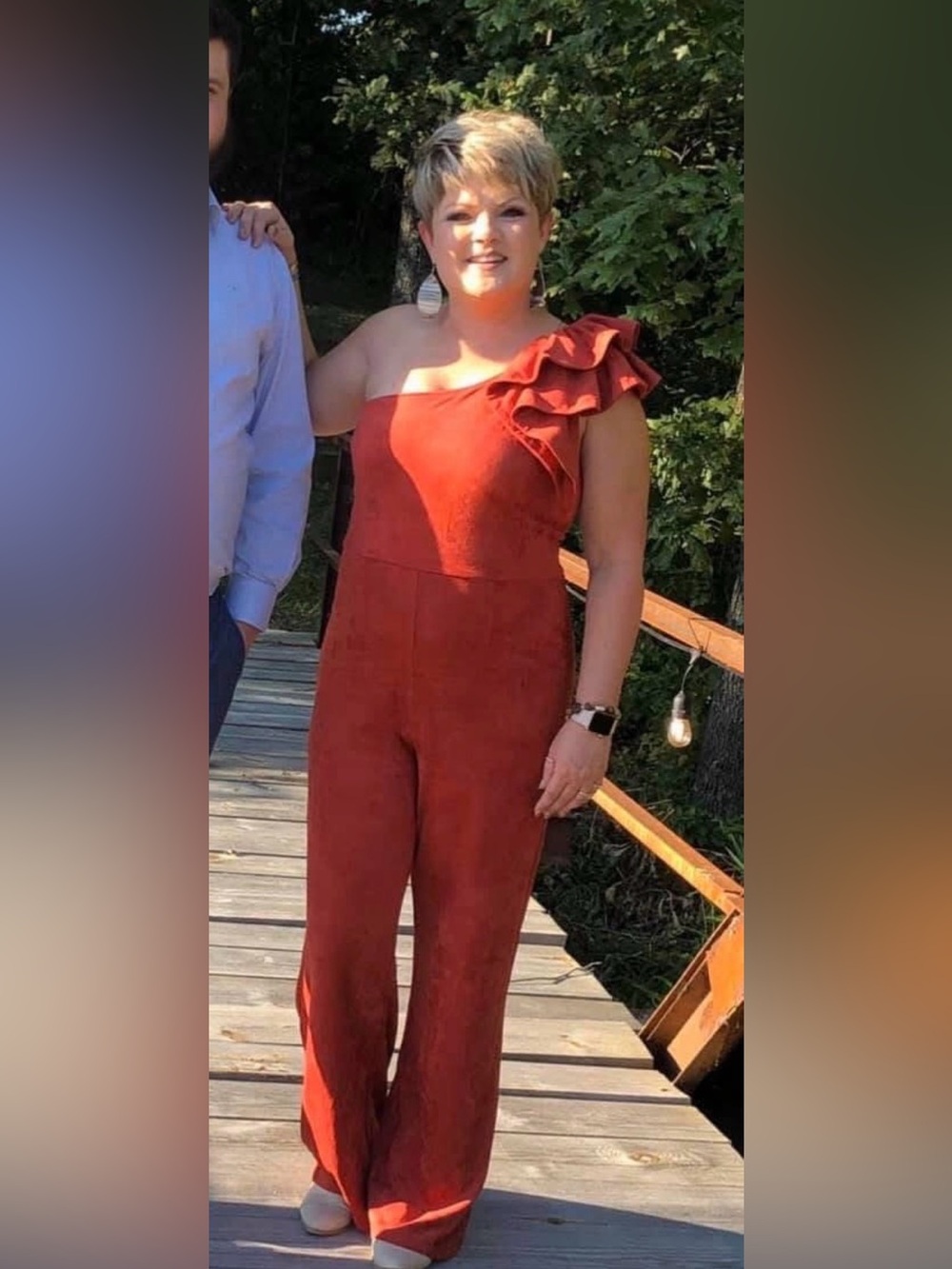 One-Shoulder Ruffle Jumpsuit in Rust